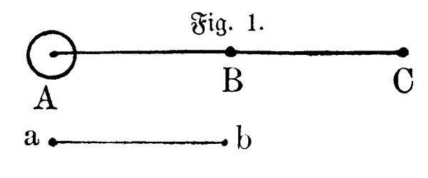 Gerade; Anfangspunkt A; Endpunkt C; Mittelpunkt B; Anfangspunkt A durch Kreis gekennzeichnet; parallel versetzt weitere Gerade, die halbe Strecke zur ersten Gerade hat, die mit Anfangspunkt a, Endpunkt b gekennzeichnet ist