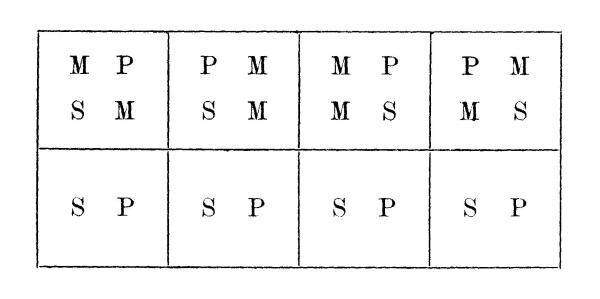 Rechteck aufgeteilt in 8 gleiche Quadrate; 1.Quadrat 1. Zeile Buchstaben M,P,S,M; 2. Quadrat Buchstaben P,M,S,M; 3. Quadrat Buchstaben M,P,M,S; 4. Quadrat Buchstaben P,M,M,S; alle 4 Quadrate in der zweiten Zeile sind mit S,P gekennzeichnet